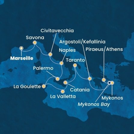 Francie, Itálie, Tunisko, Malta, Řecko z Marseille na lodi Costa Fascinosa