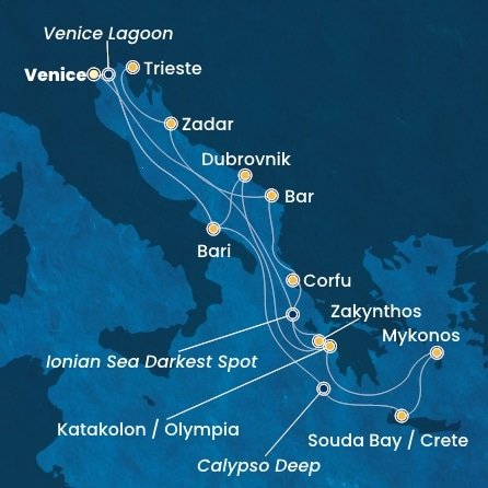 Itálie, Řecko, Chorvatsko, Černá Hora z Marghery na lodi Costa Deliziosa