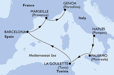 Itálie, Tunisko, Španělsko, Francie z Neapole na lodi MSC Euribia