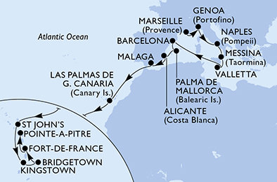 Francie, Itálie, Malta, Španělsko, Antigua a Barbuda, Svatý Vincenc a Grenadiny, Barbados, Martinik, Guadeloupe z Marseille na lodi MSC World Asia