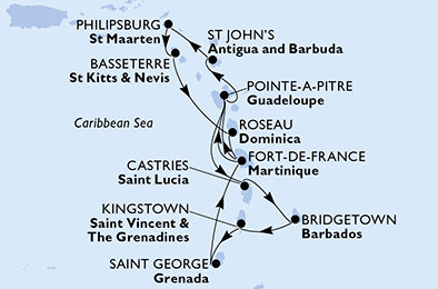 Barbados, Svatý Vincenc a Grenadiny, Grenada, Martinik, Guadeloupe, Antigua a Barbuda, Svatý Martin, Svatý Kryštof a Nevis, Dominika, Svatá Lucie z Bridgetownu na lodi MSC World Asia