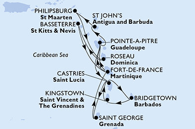 Barbados, Svatý Vincenc a Grenadiny, Svatá Lucie, Grenada, Martinik, Guadeloupe, Antigua a Barbuda, Svatý Martin, Dominika, Svatý Kryštof a Nevis z Bridgetownu na lodi MSC World Asia