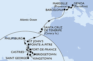 Martinik, Guadeloupe, Svatá Lucie, Barbados, Svatý Vincenc a Grenadiny, Grenada, Svatý Martin, Antigua a Barbuda, Španělsko, Francie, Itálie z Fort-de-France na lodi MSC World Asia