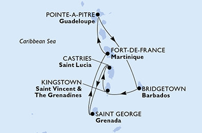 Guadeloupe, Barbados, Svatý Vincenc a Grenadiny, Svatá Lucie, Grenada, Martinik z Pointe-à-Pitre na lodi MSC World Asia
