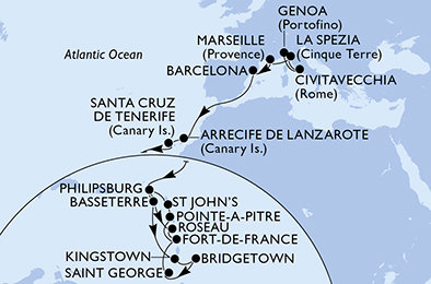 Itálie, Francie, Španělsko, Svatý Martin, Svatý Kryštof a Nevis, Svatý Vincenc a Grenadiny, Barbados, Grenada, Martinik, Guadeloupe, Antigua a Barbuda, Dominika z Janova na lodi MSC World Europa