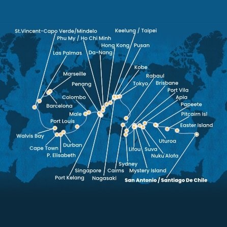 Chile, Zámořské území Velké Británie, Francouzská Polynésie, Zámořské společenství Francie, Samoa, Tonga, Fidži, Vanuatu, Nová Kaledonie, Austrálie, Papua Nová Guinea, Japonsko, Jižní Korea, Tchaj-wan, Čína, Vietnam, Singapur, Malajsie, Srí Lanka, Maledivy, Mauricius, Jihoafrická republika, Namibie, Kapverdy, Španělsko, Francie ze San Antonio na lodi Costa Deliziosa
