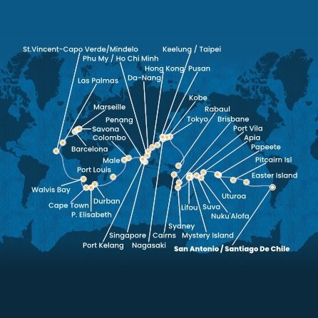 Chile, Zámořské území Velké Británie, Francouzská Polynésie, Zámořské společenství Francie, Samoa, Tonga, Fidži, Vanuatu, Nová Kaledonie, Austrálie, Papua Nová Guinea, Japonsko, Jižní Korea, Tchaj-wan, Čína, Vietnam, Singapur, Malajsie, Srí Lanka, Maledivy, Mauricius, Jihoafrická republika, Namibie, Kapverdy, Španělsko, Francie, Itálie ze San Antonio na lodi Costa Deliziosa