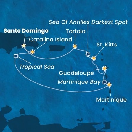 Dominikánská republika, , Martinik, Zámořský departement Francie, Guadeloupe, Svatý Kryštof a Nevis, Jamajka, Britské Panenské ostrovy ze Santo Dominga na lodi Costa Fascinosa
