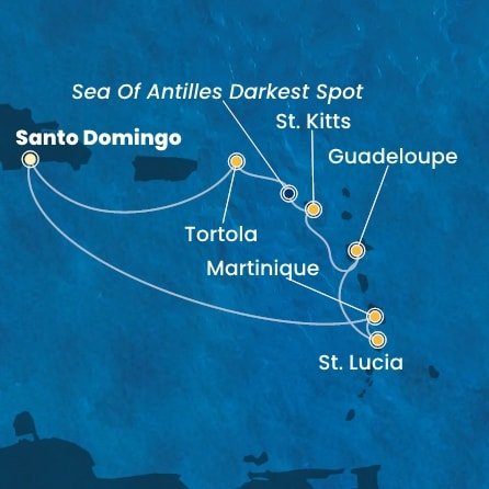 Dominikánská republika, Martinik, Svatá Lucie, Guadeloupe, Svatý Kryštof a Nevis, Britské Panenské ostrovy ze Santo Dominga na lodi Costa Fascinosa