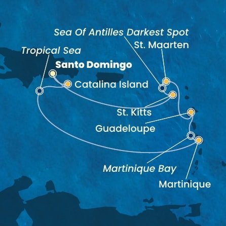 Dominikánská republika, Martinik, Guadeloupe, Svatý Martin, Svatý Kryštof a Nevis ze Santo Dominga na lodi Costa Fascinosa