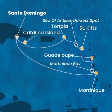 Dominikánská republika, Martinik, Guadeloupe, Svatý Kryštof a Nevis, Britské Panenské ostrovy ze Santo Dominga na lodi Costa Favolosa