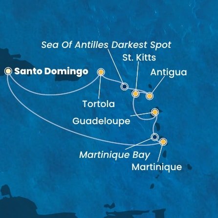 Dominikánská republika, Martinik, Guadeloupe, Svatý Kryštof a Nevis, Antigua a Barbuda, Britské Panenské ostrovy ze Santo Dominga na lodi Costa Favolosa