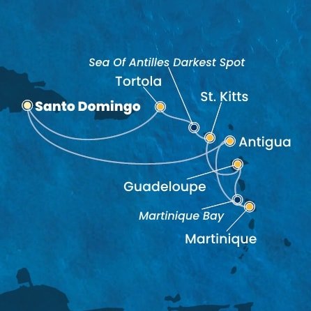 Dominikánská republika, Antigua a Barbuda, Martinik, Guadeloupe, Svatý Kryštof a Nevis, Britské Panenské ostrovy ze Santo Dominga na lodi Costa Favolosa