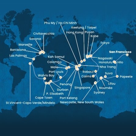 USA, Francouzská Polynésie, Fidži, Nová Kaledonie, Austrálie, Papua Nová Guinea, Japonsko, Jižní Korea, Tchaj-wan, Čína, Vietnam, Thajsko, Singapur, Malajsie, Srí Lanka, Maledivy, Mauricius, Jihoafrická republika, Namibie, Kapverdy, Španělsko, Francie, Itálie ze San Francisca na lodi Costa Deliziosa