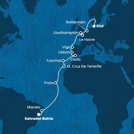 Brazílie, Kapverdy, Španělsko, Portugalsko, Francie, Velká Británie, Nizozemsko, Německo ze Salvadoru na lodi Costa Diadema