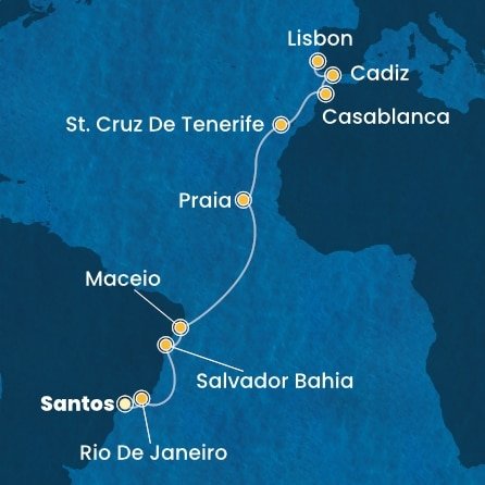 Brazílie, Kapverdy, Španělsko, Maroko, Portugalsko ze Santosu na lodi Costa Diadema