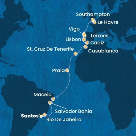 Brazílie, Kapverdy, Španělsko, Maroko, Portugalsko, Francie, Velká Británie ze Santosu na lodi Costa Diadema
