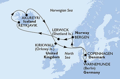Německo, Norsko, , Island, Velká Británie, Dánsko z Warnemünde na lodi MSC Orchestra