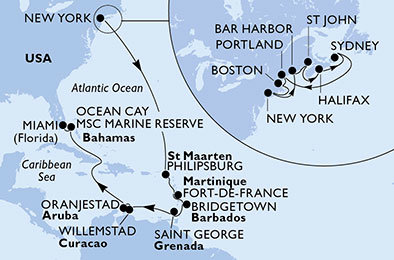 USA, Kanada, Svatý Martin, Martinik, Barbados, Grenada, Curacao, Aruba, Bahamy z New Yorku na lodi MSC Meraviglia