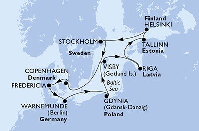 Německo, Polsko, Švédsko, Lotyšsko, Estonsko, Finsko, Dánsko z Warnemünde na lodi MSC Poesia