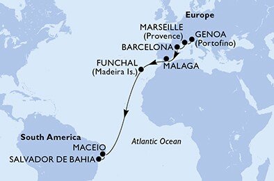 Itálie, Francie, Španělsko, Portugalsko, Brazílie z Janova na lodi MSC Grandiosa