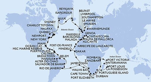 Itálie, Francie, Španělsko, Kapverdy, Senegal, Namibie, Jihoafrická republika, Tanzánie, Keňa, Seychely, Madagaskar, Mauricius, Reunion, Mosambik, Zámořské území Velké Británie, Brazílie, Barbados, Svatá Lucie, Martinik, Dominikánská republika, Bahamy, USA, Kanada, Autonomní oblast Dánska, Island, Velká Británie, Nizozemsko, Německo z Civitavecchia na lodi MSC Poesia