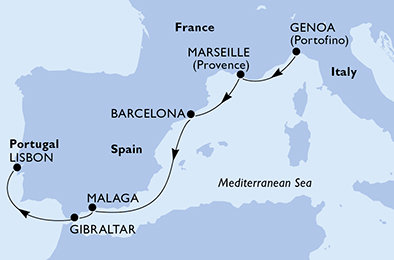Itálie, Francie, Španělsko, Velká Británie, Portugalsko z Janova na lodi MSC Musica