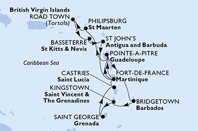 Martinik, Guadeloupe, Barbados, Svatý Vincenc a Grenadiny, Grenada, Svatá Lucie, Svatý Martin, Britské Panenské ostrovy, Svatý Kryštof a Nevis, Antigua a Barbuda z Fort-de-France na lodi MSC Virtuosa