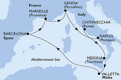 Itálie, Malta, Španělsko, Francie z Civitavecchia na lodi MSC World Europa