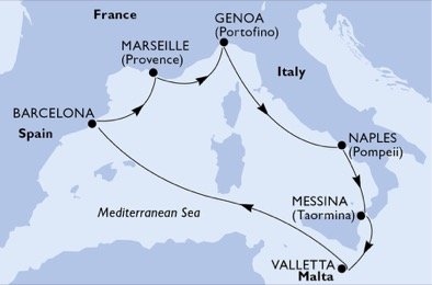Španělsko, Francie, Itálie, Malta z Barcelony na lodi MSC World Europa