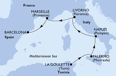 Tunisko, Itálie, Francie, Španělsko z La Goulette na lodi MSC Meraviglia