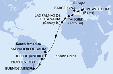 Itálie, Španělsko, Maroko, Brazílie, Uruguay, Argentina z Civitavecchia na lodi MSC Fantasia