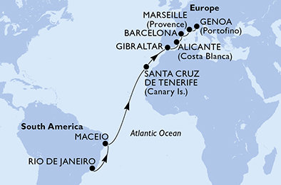 Brazílie, Španělsko, Velká Británie, Francie, Itálie z Rio de Janeira na lodi MSC Seaview