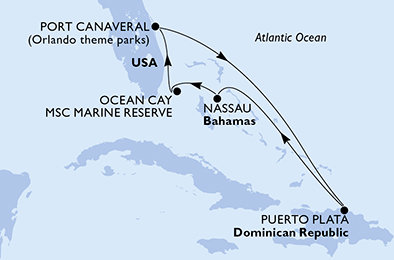 USA, Dominikánská republika, Bahamy z Port Canaveralu na lodi MSC Seashore