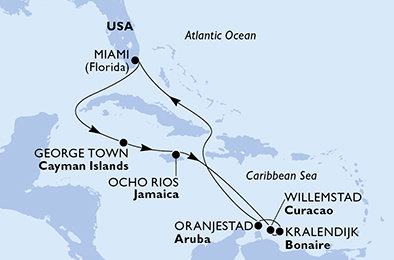 USA, Kajmanské ostrovy, Jamajka, Curacao, Bonaire, Aruba z Miami na lodi MSC Poesia