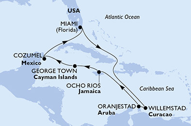 USA, Curacao, Aruba, Jamajka, Kajmanské ostrovy, Mexiko z Miami na lodi MSC Poesia
