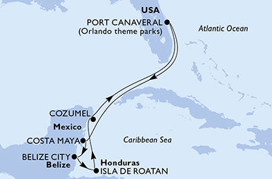 USA, Mexiko, Belize, Honduras z Port Canaveralu na lodi MSC Seashore