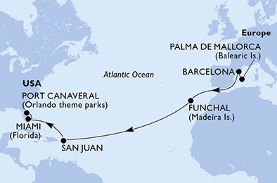 Španělsko, Portugalsko, USA z Palmy de Mallorca na lodi MSC Grandiosa