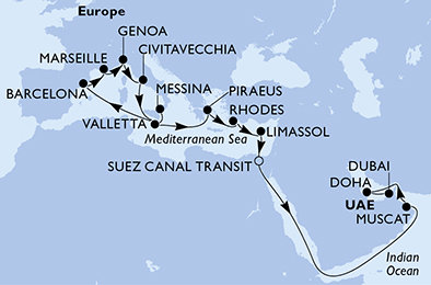 Itálie, Malta, Španělsko, Francie, Řecko, Kypr, Egypt, Omán, Katar, Spojené arabské emiráty z Messiny na lodi MSC World Europa