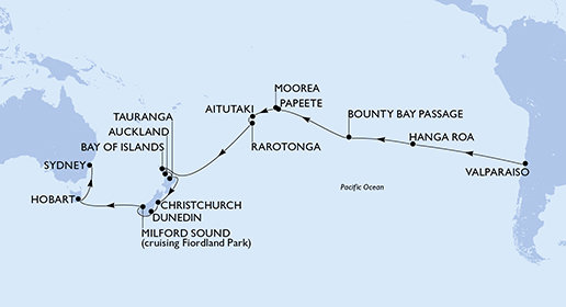 Chile, Zámořské území Velké Británie, Francouzská Polynésie, Cookovy ostrovy, Nový Zéland, Austrálie z Valparaisa na lodi MSC Magnifica