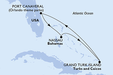 USA, Bahamy, Zámořské území Velké Británie z Port Canaveralu na lodi MSC Seashore