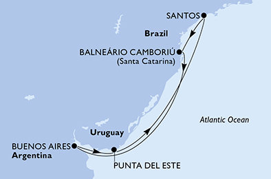 Brazílie, Argentina, Uruguay ze Santosu na lodi MSC Preziosa