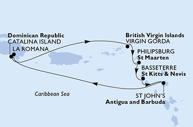 Dominikánská republika, Zámořské území Velké Británie, Svatý Martin, Svatý Kryštof a Nevis, Antigua a Barbuda z La Romany na lodi MSC Opera
