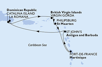 Dominikánská republika, Zámořské území Velké Británie, Svatý Martin, Martinik, Antigua a Barbuda z La Romany na lodi MSC Opera