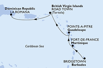 Barbados, Martinik, Guadeloupe, Britské Panenské ostrovy, Dominikánská republika z Bridgetownu na lodi MSC Opera