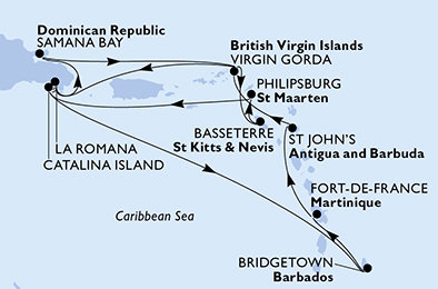 Martinik, Antigua a Barbuda, Zámořské území Velké Británie, Dominikánská republika, Svatý Kryštof a Nevis, Svatý Martin, Barbados z Fort-de-France na lodi MSC Opera