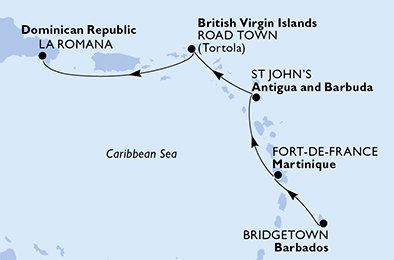 Barbados, Martinik, Antigua a Barbuda, Britské Panenské ostrovy, Dominikánská republika z Bridgetownu na lodi MSC Opera