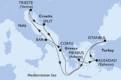 Itálie, Chorvatsko, Řecko, Turecko z Bari na lodi MSC Splendida