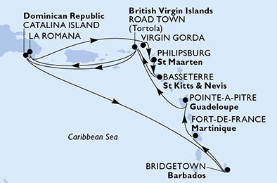 Dominikánská republika, Barbados, Martinik, Guadeloupe, Britské Panenské ostrovy, Zámořské území Velké Británie, Svatý Martin, Svatý Kryštof a Nevis z La Romany na lodi MSC Opera