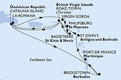 Dominikánská republika, Barbados, Martinik, Antigua a Barbuda, Britské Panenské ostrovy, Zámořské území Velké Británie, Svatý Martin, Svatý Kryštof a Nevis z La Romany na lodi MSC Opera